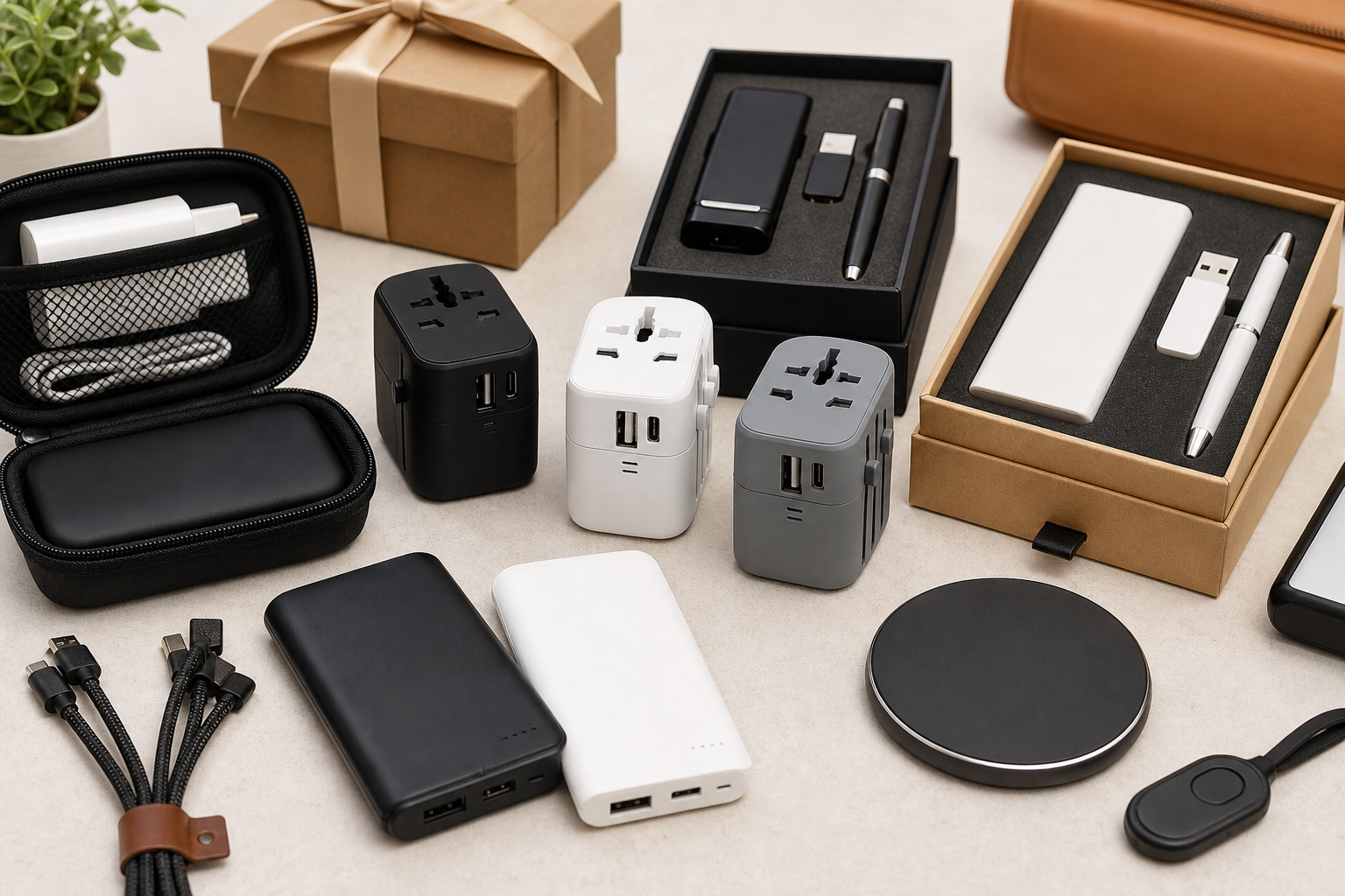 Mini travel and custom electronic gifts including travel adapters, compact tech accessories, and branded promotional gadget sets