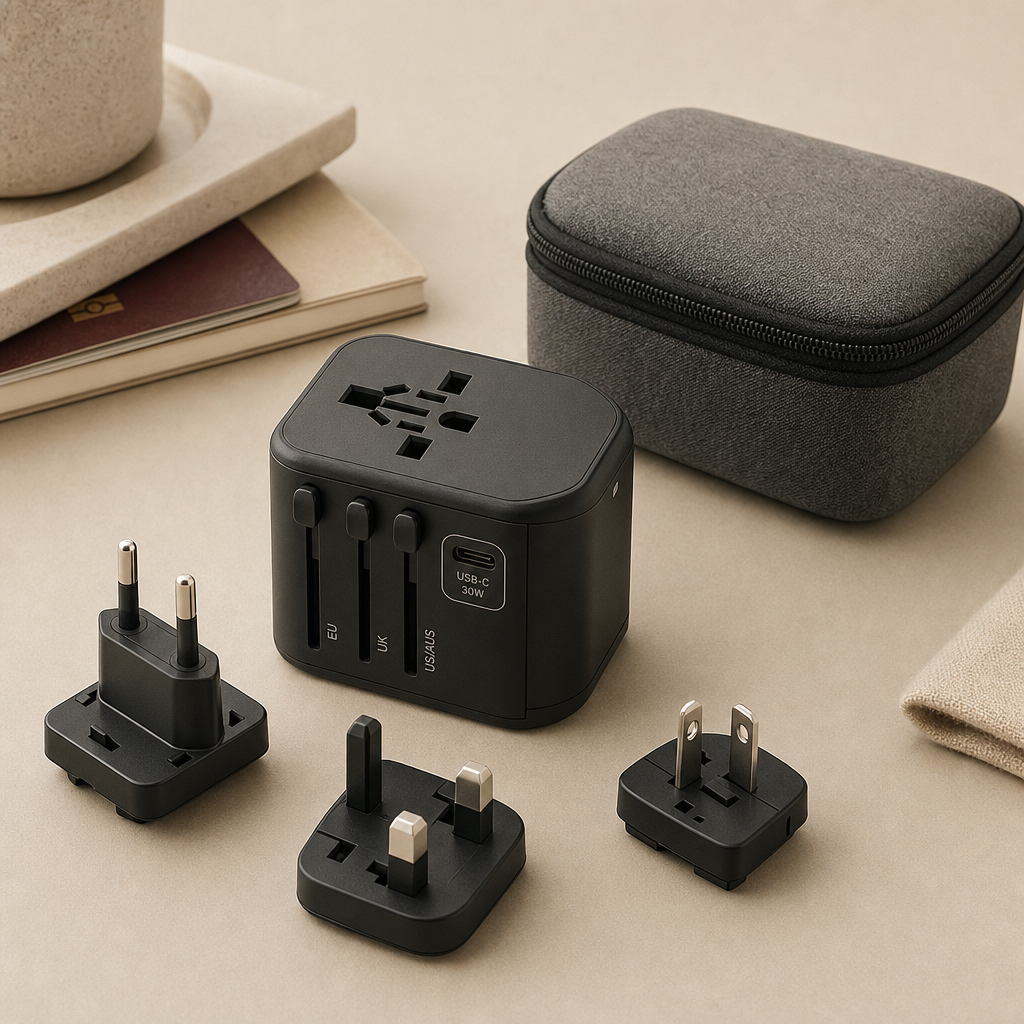 Universal travel adapter with EU, UK, US plugs and USB-C output on carry pouch