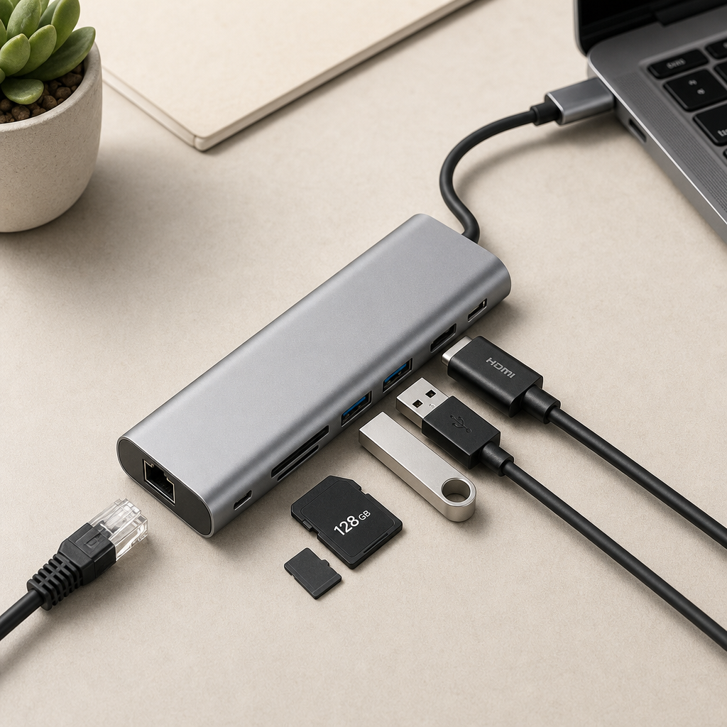 Aluminum 7-in-1 USB-C desk hub with connected cables on a clean workstation