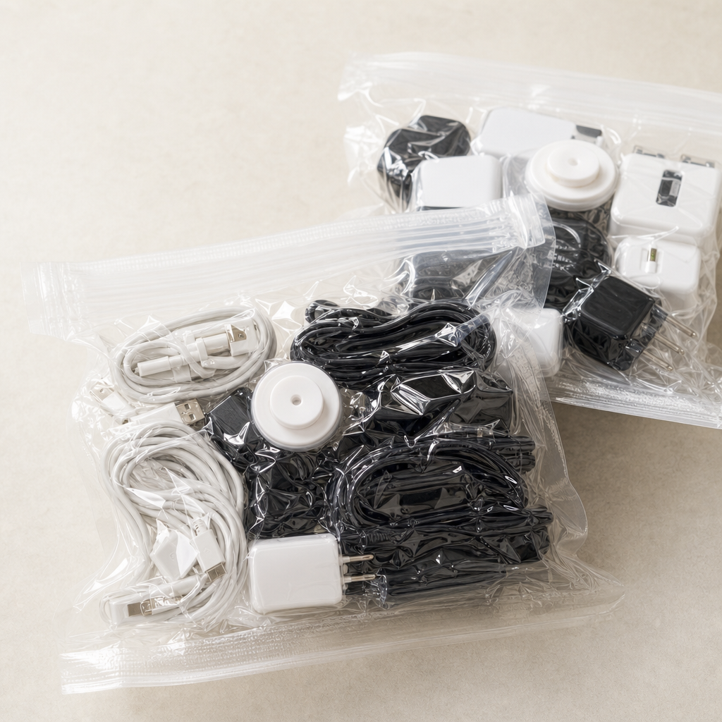 Transparent vacuum-sealed storage bags compressing cables and small accessories with valve closure