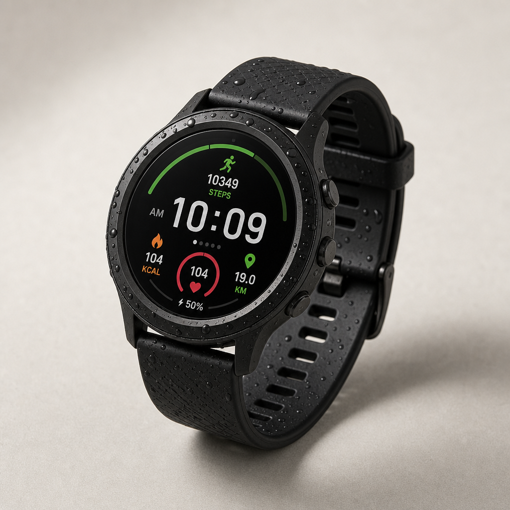 Black waterproof smart sports watch with silicone strap and illuminated activity display on neutral studio surface