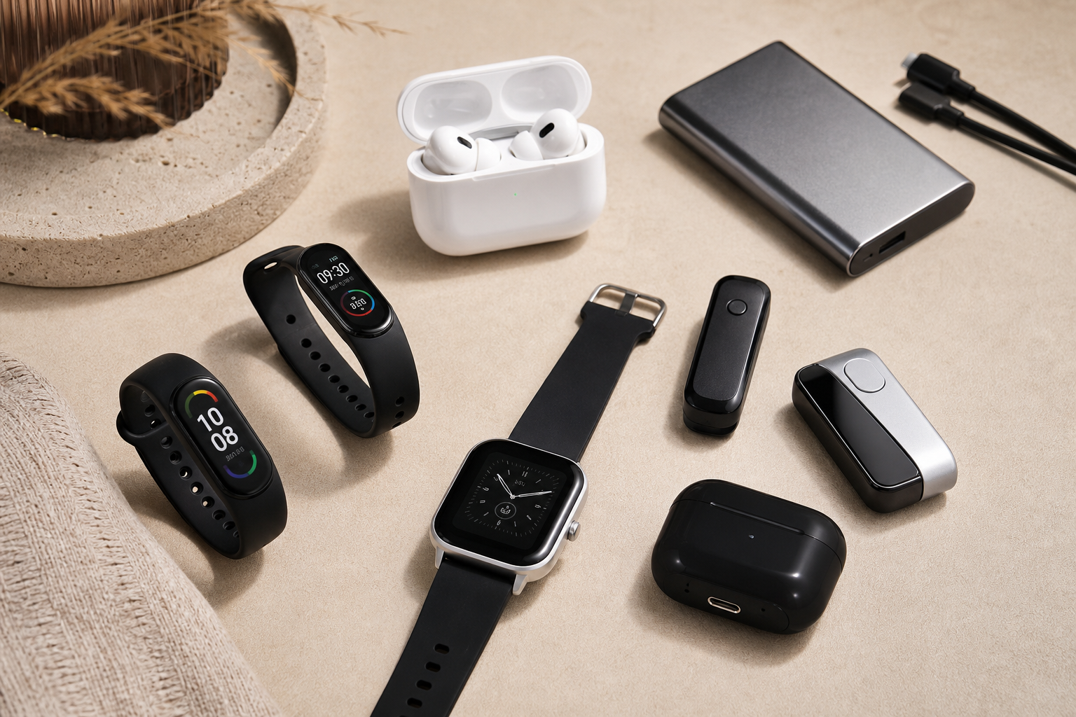 Wearable and portable digital gadgets including smart bands, compact earbuds, and pocket-ready connected devices on a product table