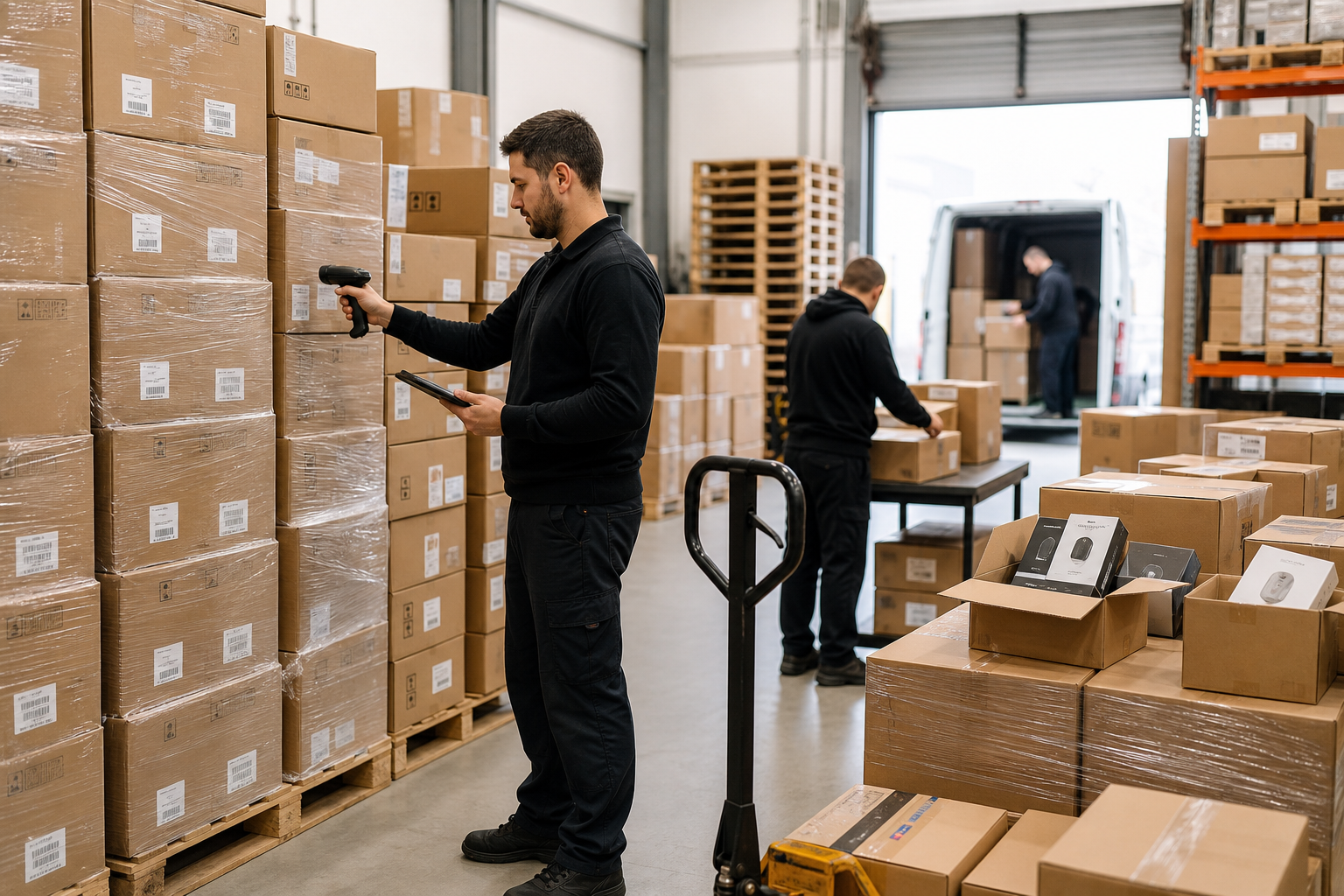 Warehouse aisle with stacked cartons and workers scanning small electronics shipments for wholesale distribution