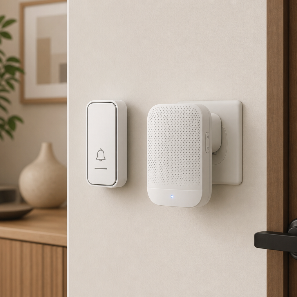 Indoor wireless door bell kit with plug-in chime and compact wall button