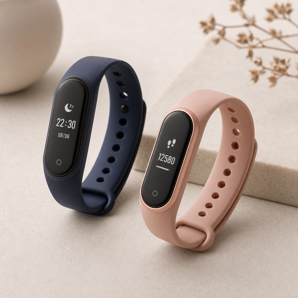Navy and rose wristband sleep and activity trackers with minimal OLED status screens