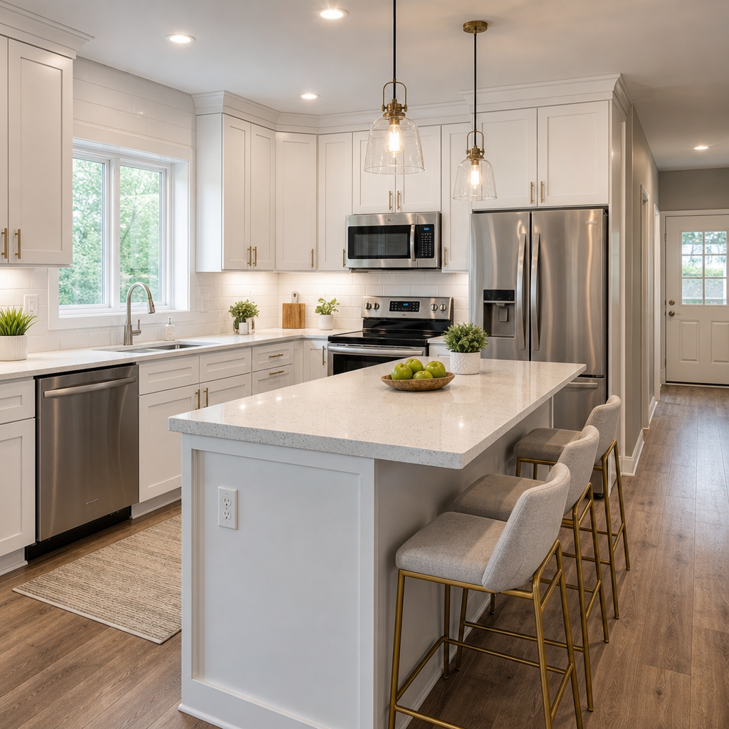 Modern kitchen with white cabinetry, stainless appliances, and warm pendant lighting