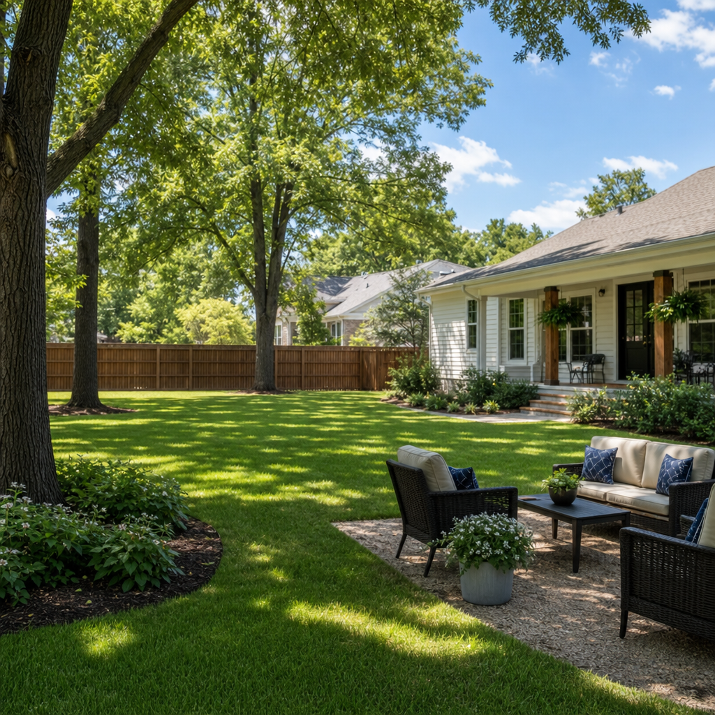Large backyard with green lawn, shade trees, and space for outdoor seating