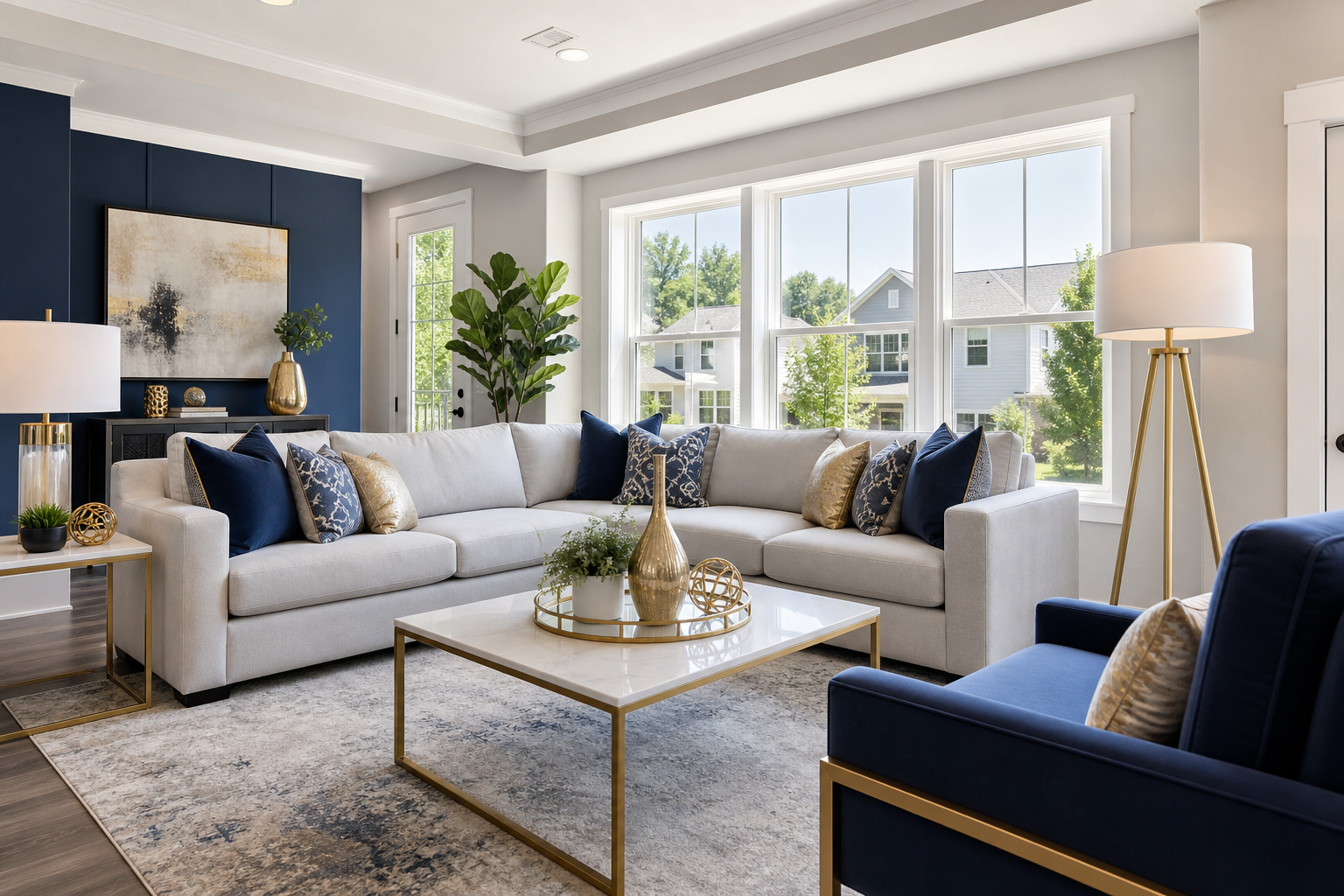 Sunlit modern rental living room with wide windows, navy accents, and warm gold decor