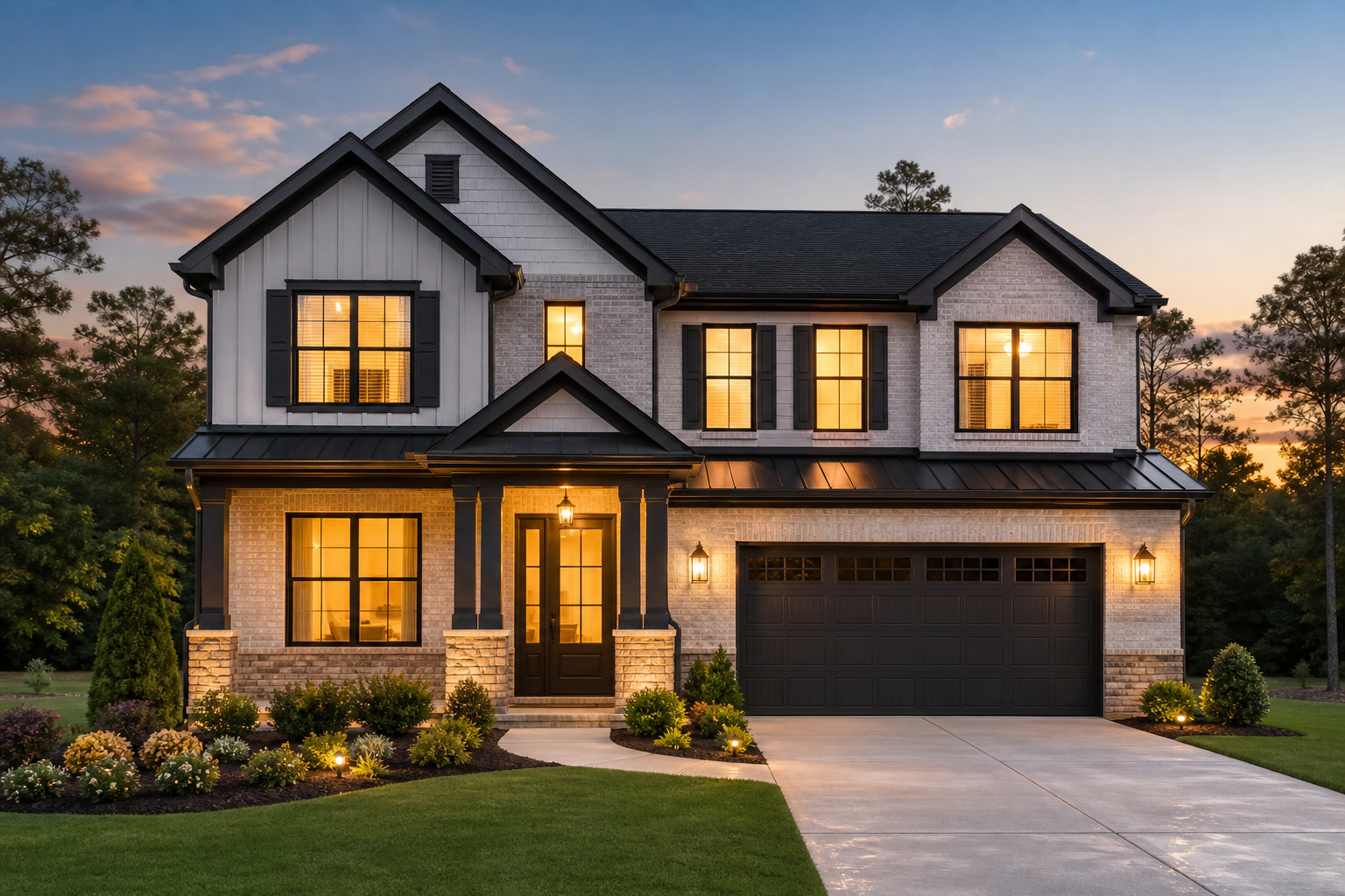 Elegant modern rental home exterior with warm evening lighting