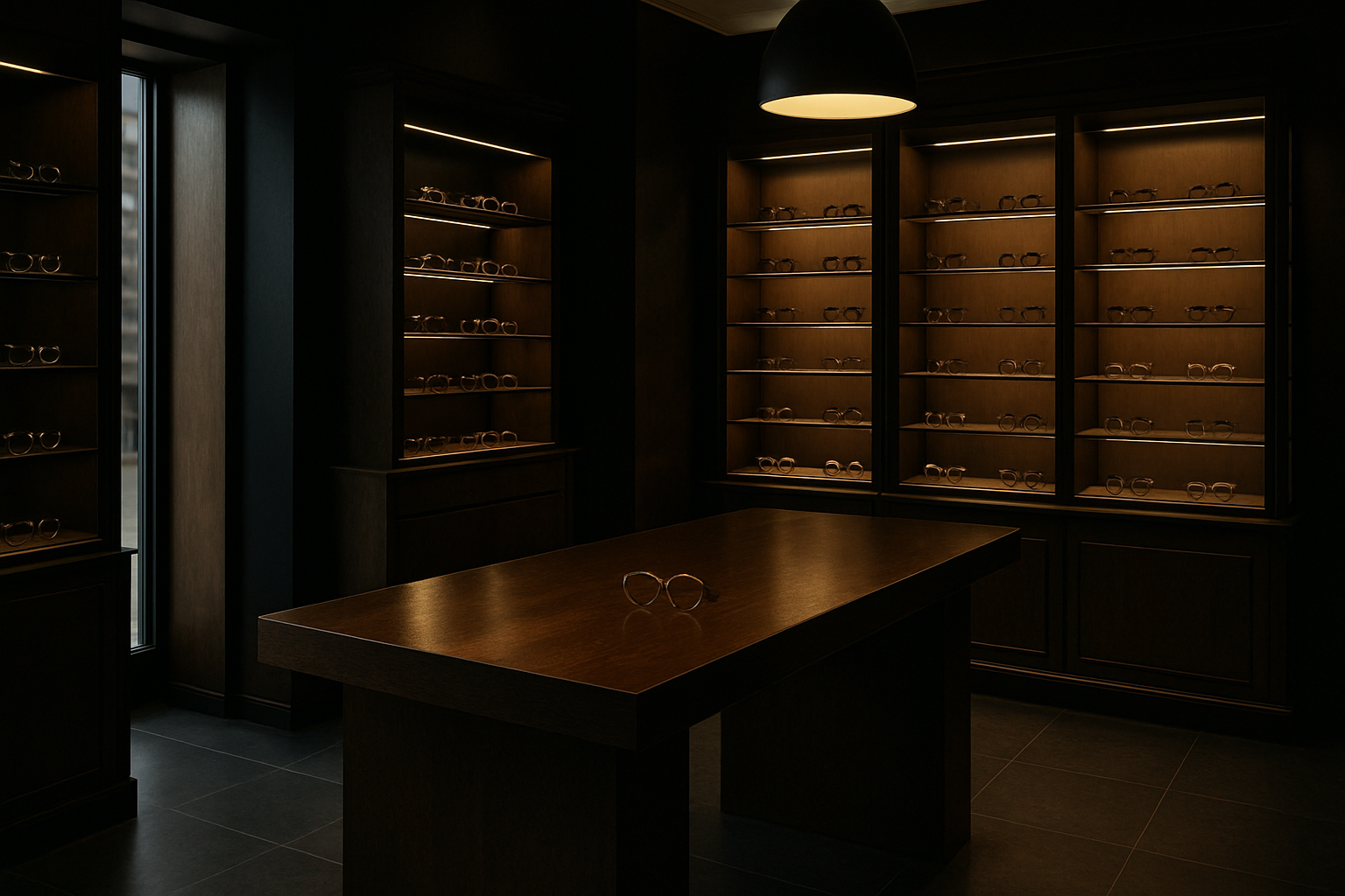 Elegant eyewear boutique interior in Cape Town with polished wood display tables, soft accent lighting, and curated premium frames