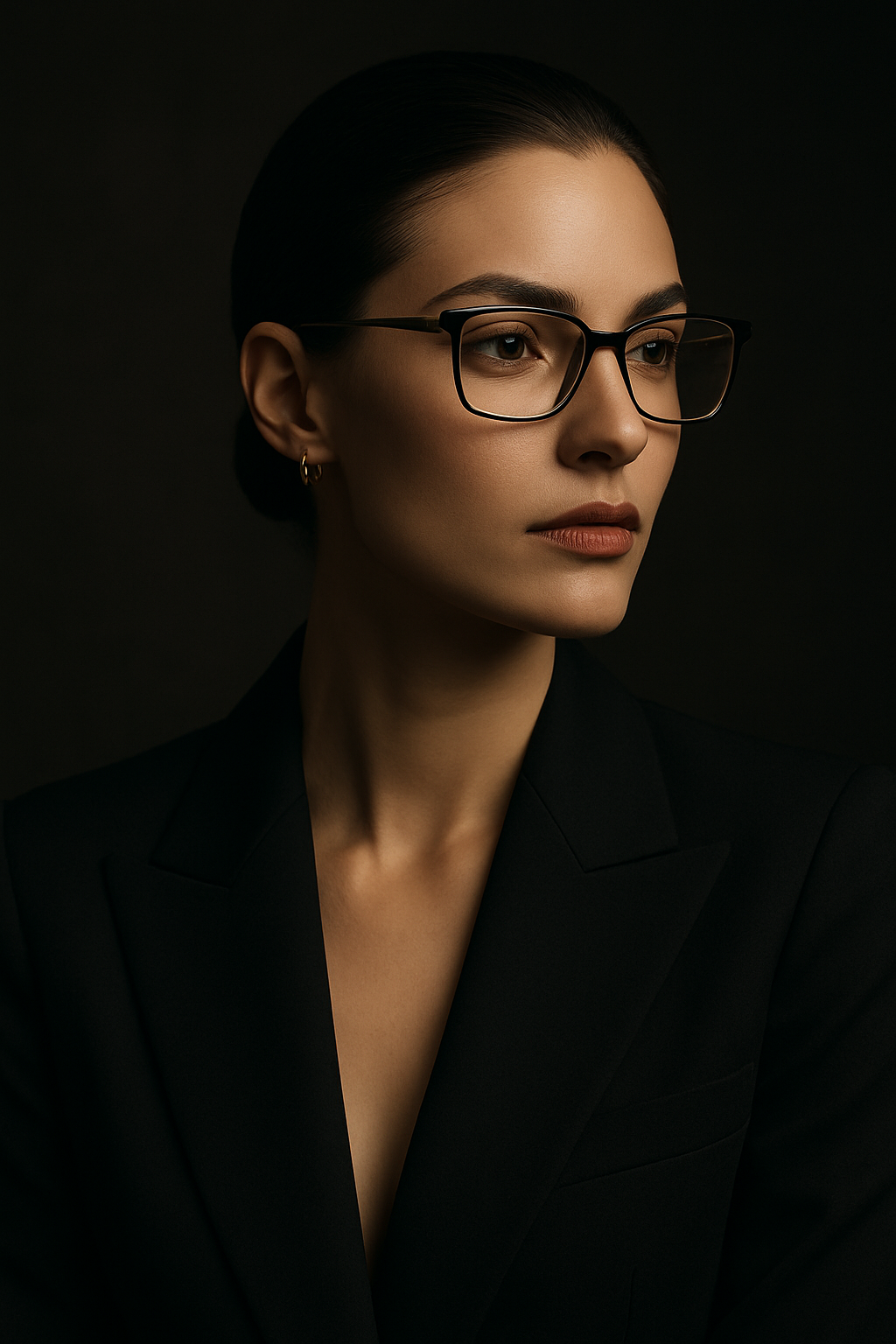 Fashion editorial portrait of a stylish woman in premium eyewear, lit with dramatic studio lighting