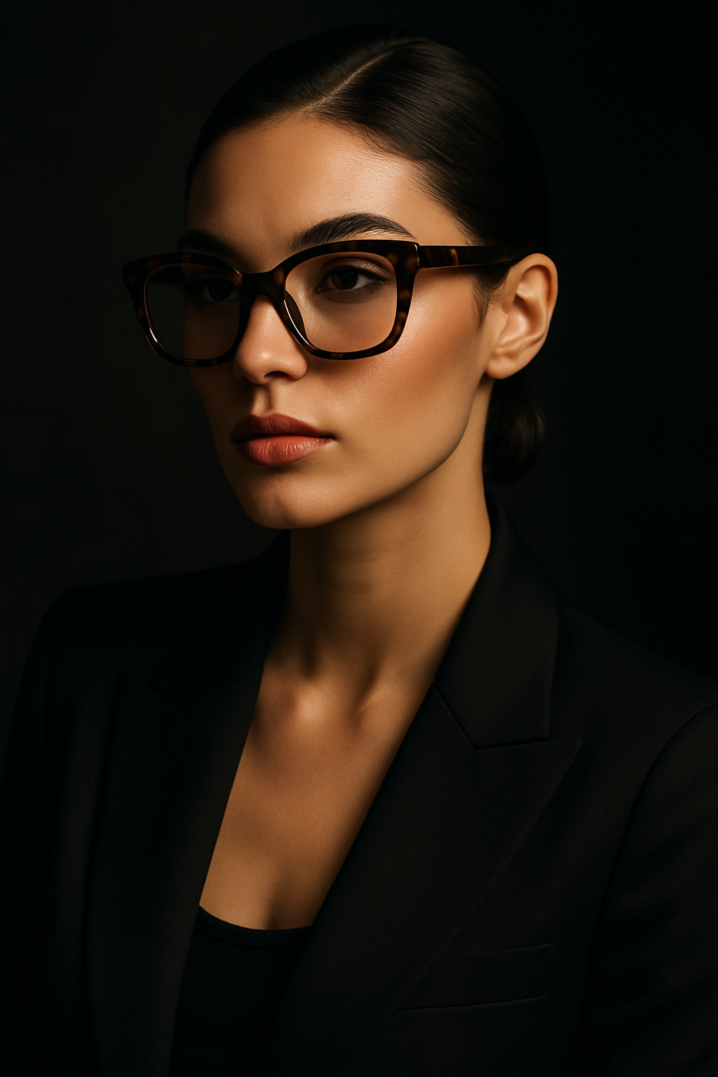 Editorial portrait of a fashion-forward model wearing bold premium eyewear
