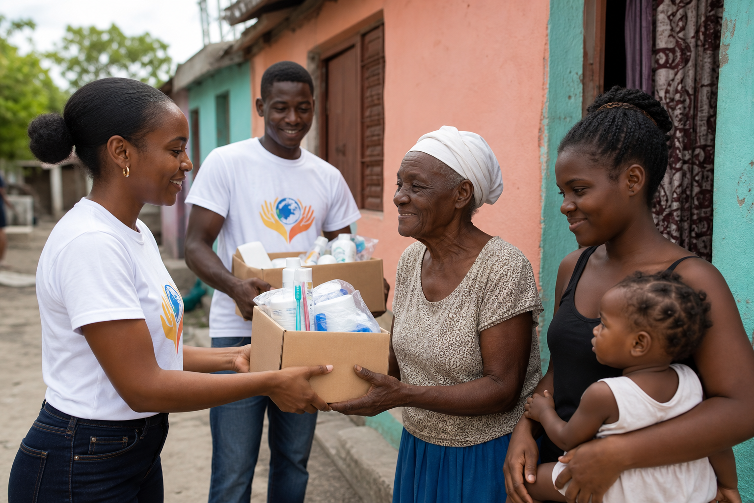 Foundation volunteers and local families in a Haitian neighborhood sharing relief supplies with dignity and care