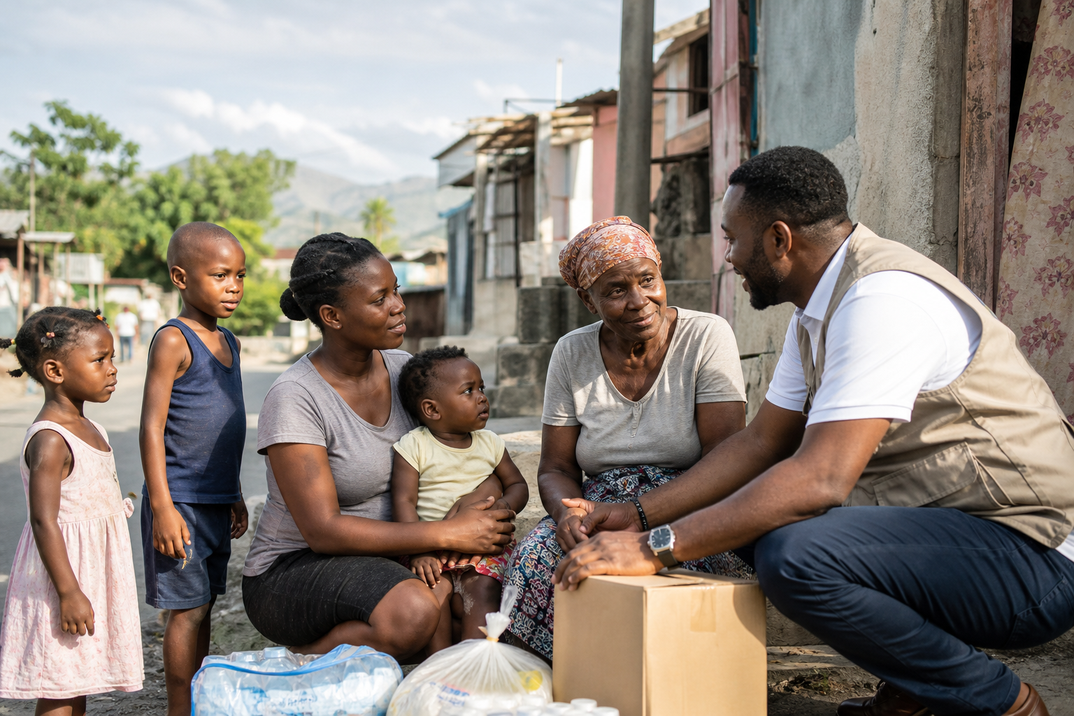 Dignified humanitarian support scene with intergenerational community members receiving compassionate assistance in a hopeful neighborhood setting