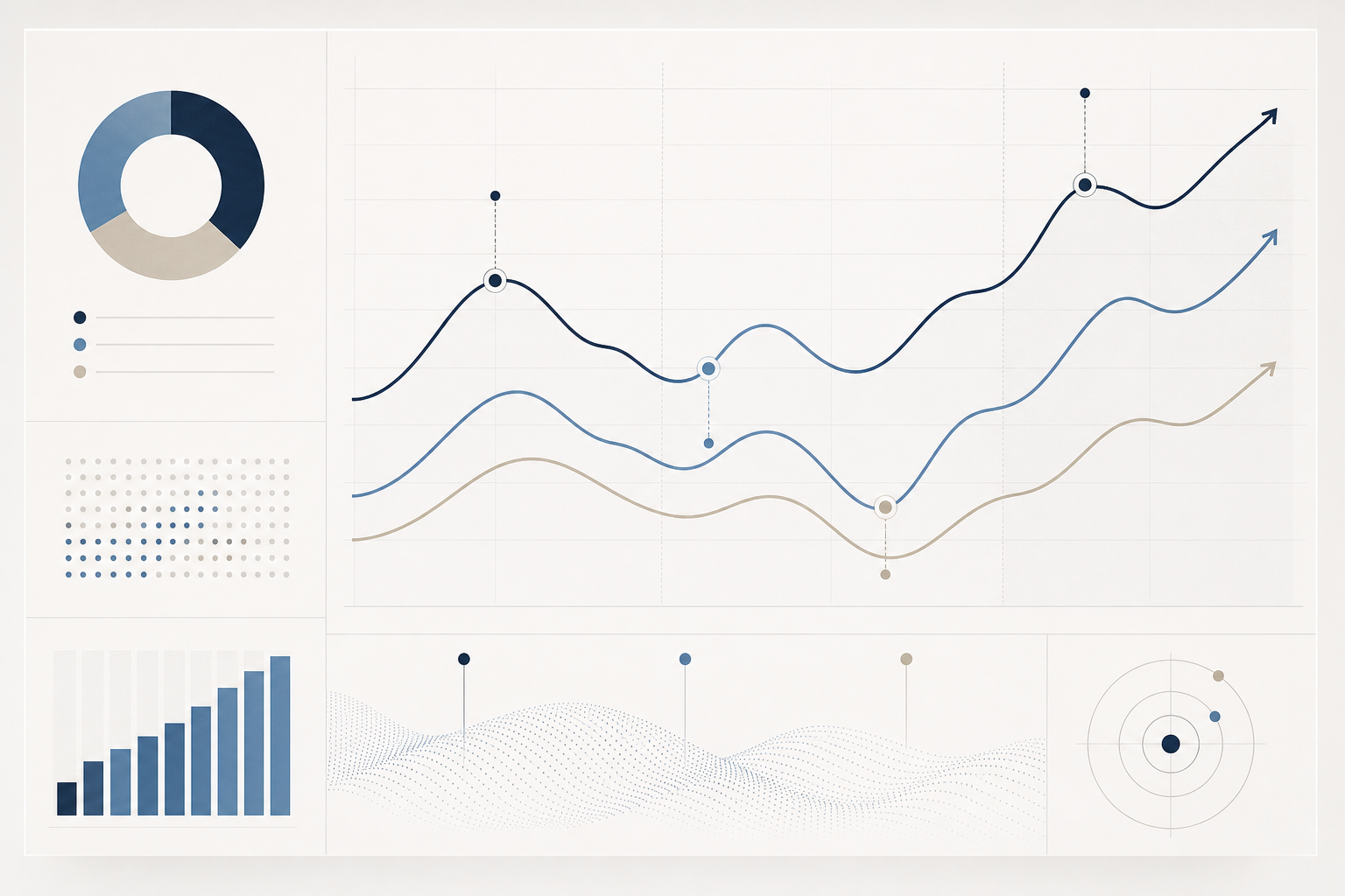 Abstract analytical dashboard illustration with grid lines, signal curves, and highlighted insight markers