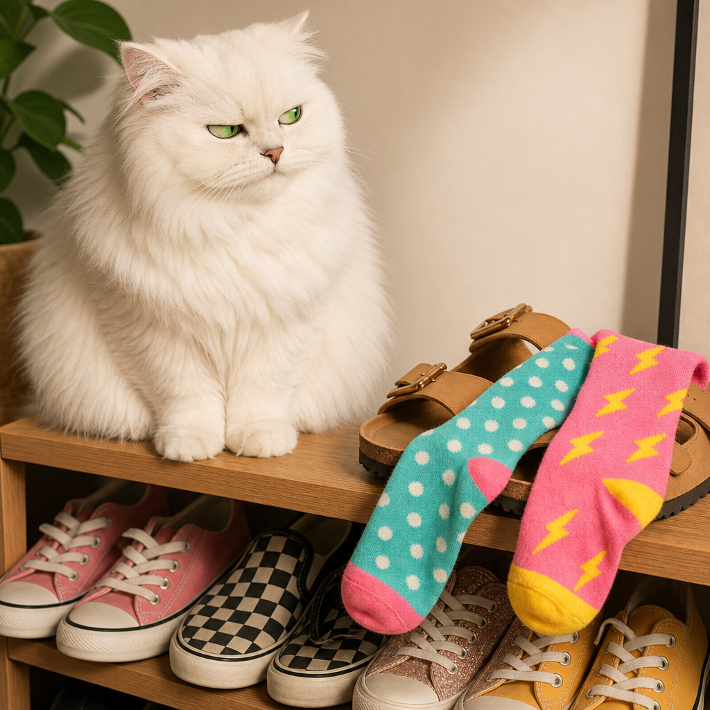 Fluffy white cat sitting on a shoe rack, side-eyeing colorful socks draped over sandals