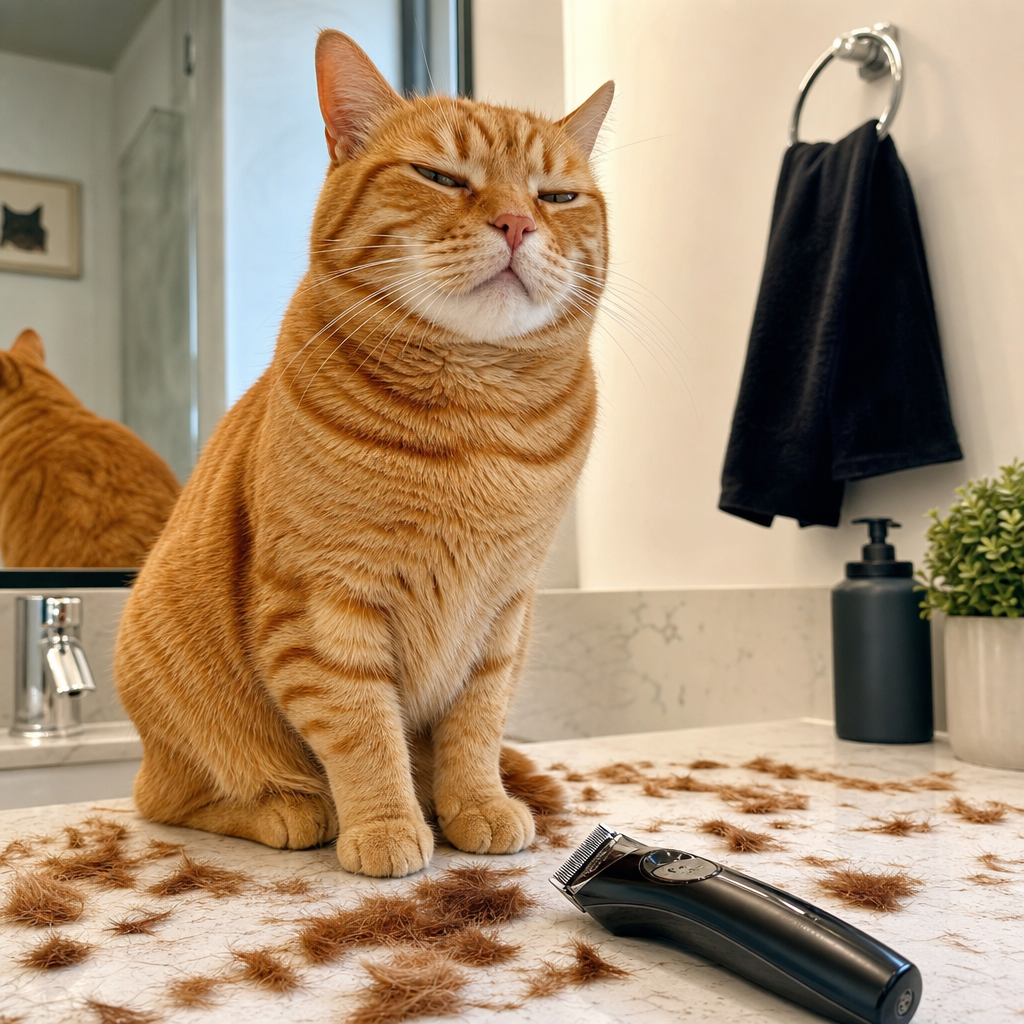 Squinty orange tabby cat glaring with amused disapproval, sitting on a bathroom counter with scattered hair clippings