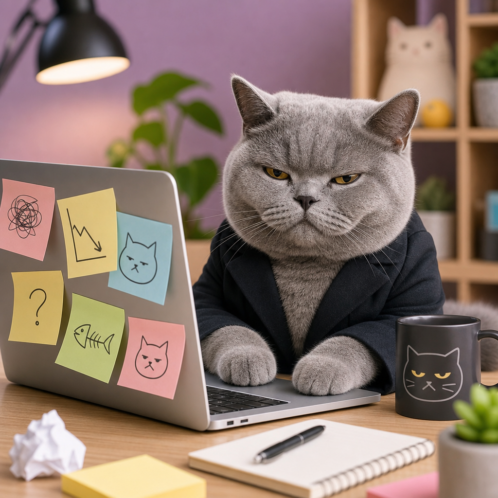 Gray British shorthair cat in a tiny blazer, unimpressed, sitting beside a laptop with sticky notes
