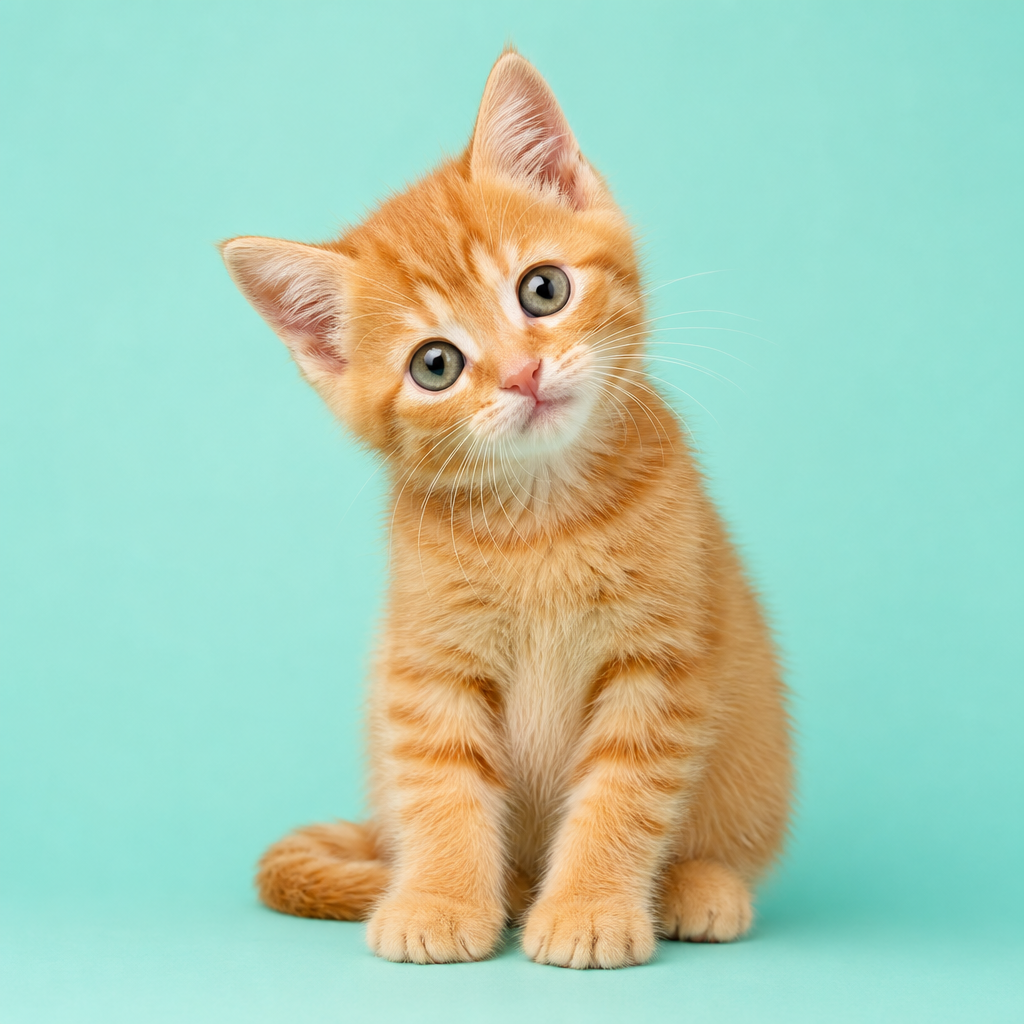 Small orange kitten with a curious expression, sitting against a bright pastel backdrop