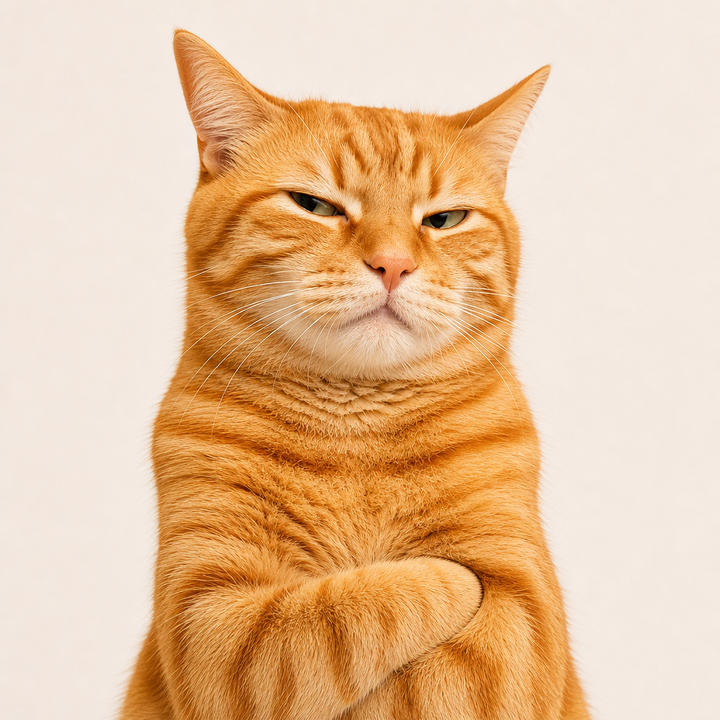 Large orange tabby cat with narrowed eyes and a skeptical expression