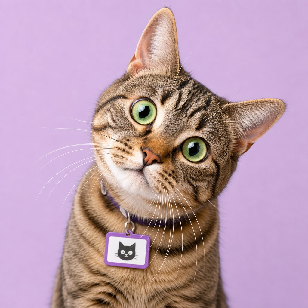 Playful tabby cat with a tilted head and big green eyes, wearing a tiny name tag