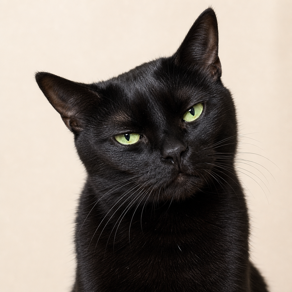 Sleek black cat with bright green eyes giving a dramatic judgmental stare
