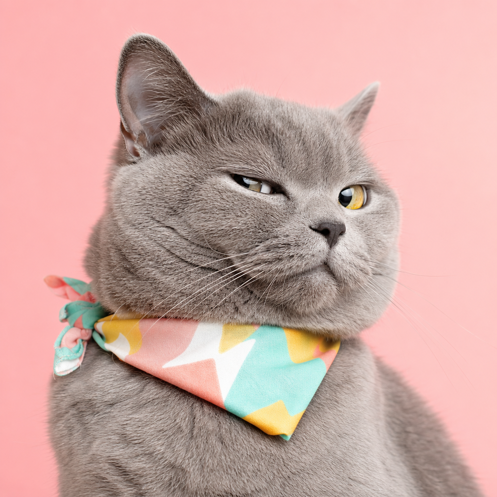 Fluffy gray cat giving a dramatic side-eye, wearing a tiny colorful bandana