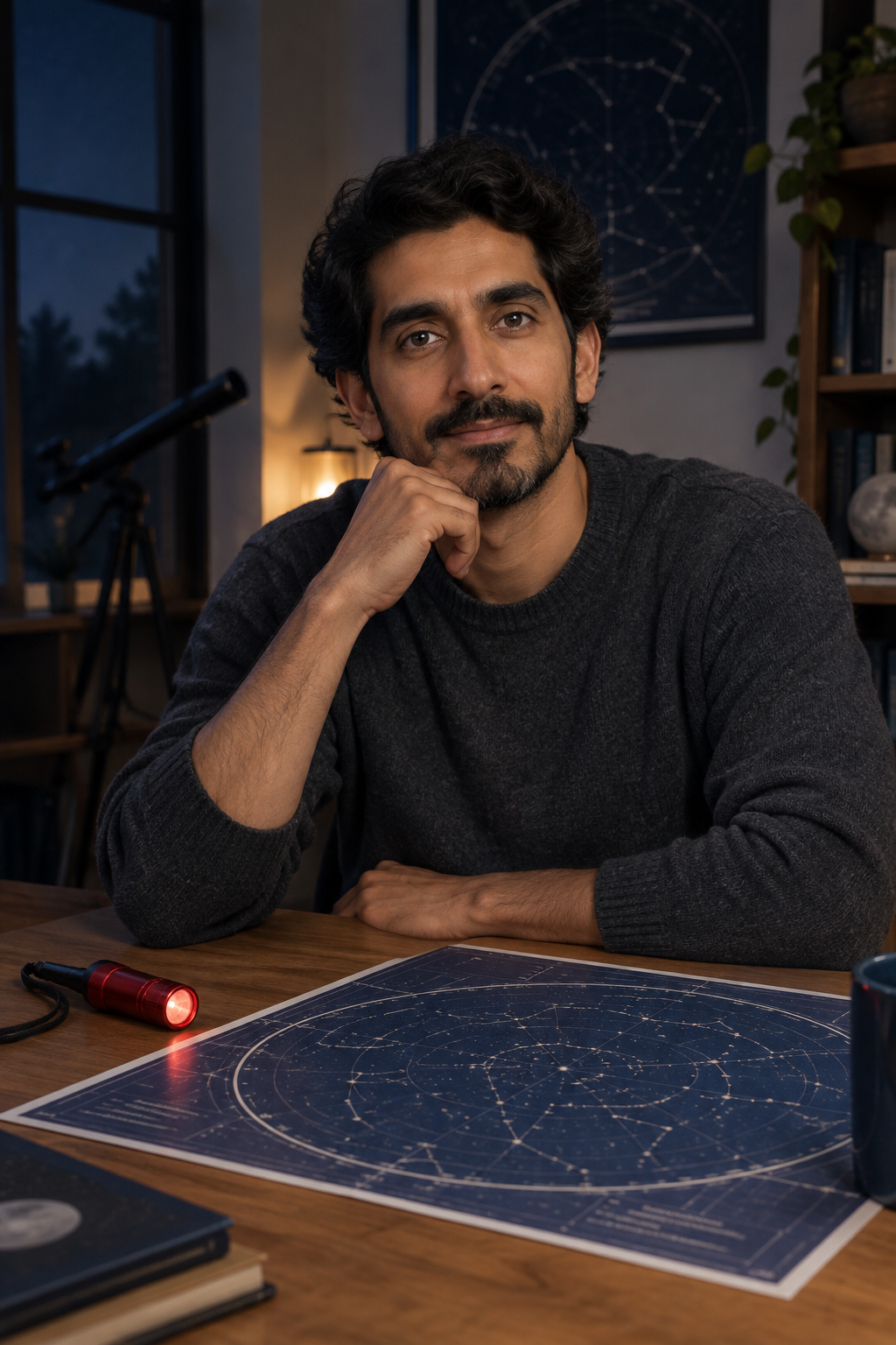 Dev Patel at a wooden desk with a printed star chart and red flashlight, wearing a charcoal sweater