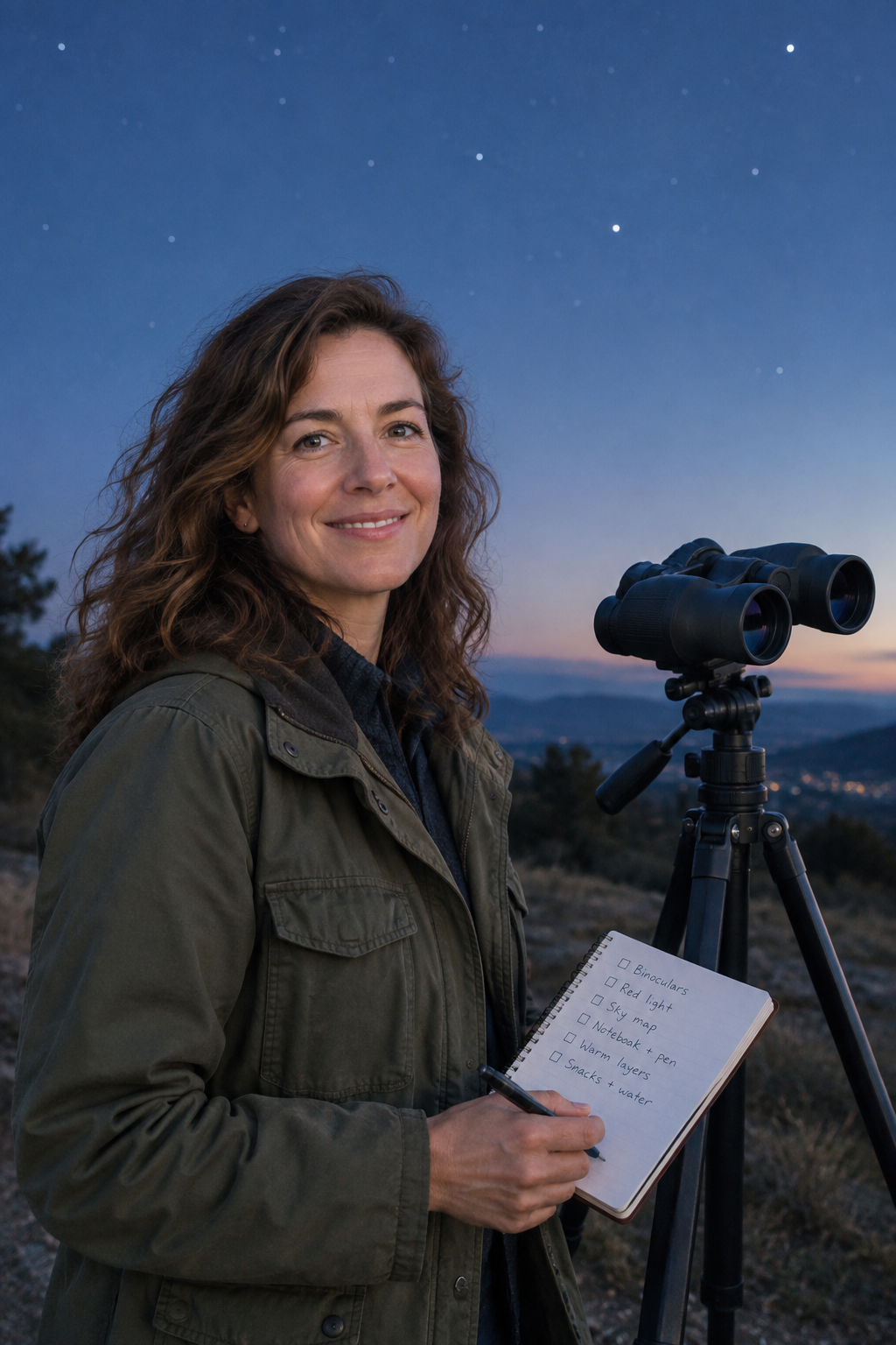 Elena Rossi smiling beside a tripod and notebook under soft evening light, in an olive field coat
