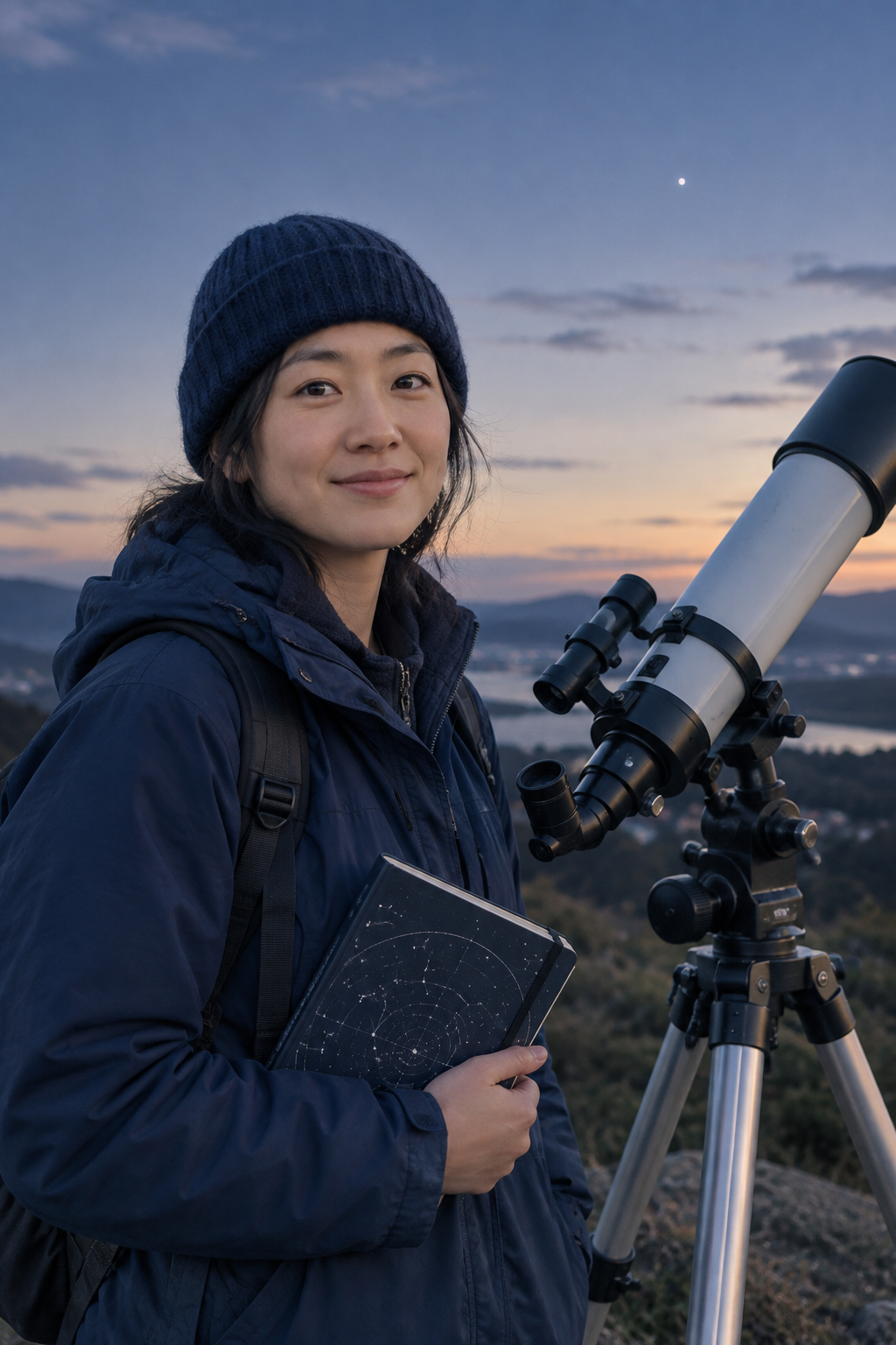 Mara Lin standing near a telescope at dusk, wearing a navy knit beanie and dark field jacket with a calm expression