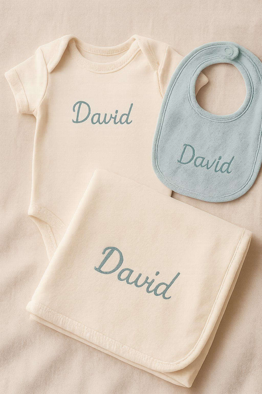 Set para bebé con manta, body y babero personalizados con nombre bordado, en tonos suaves