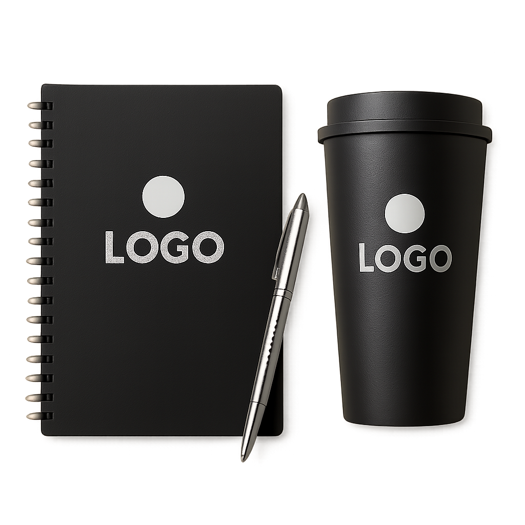 Kit de merchandising con libreta, bolígrafo y vaso reutilizable todos con branding corporativo coordinado