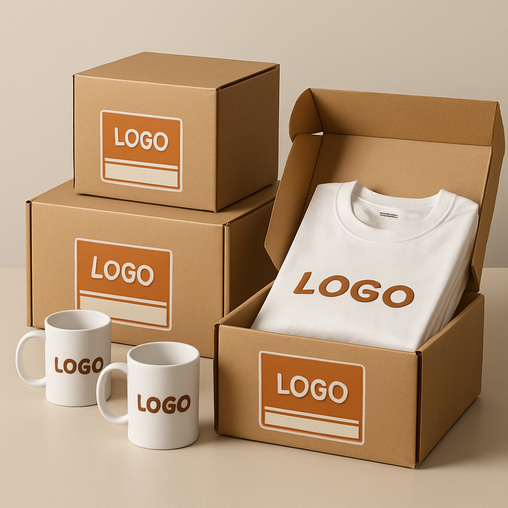 Pedido por volumen de productos personalizados organizados en empaque logístico para entrega empresarial