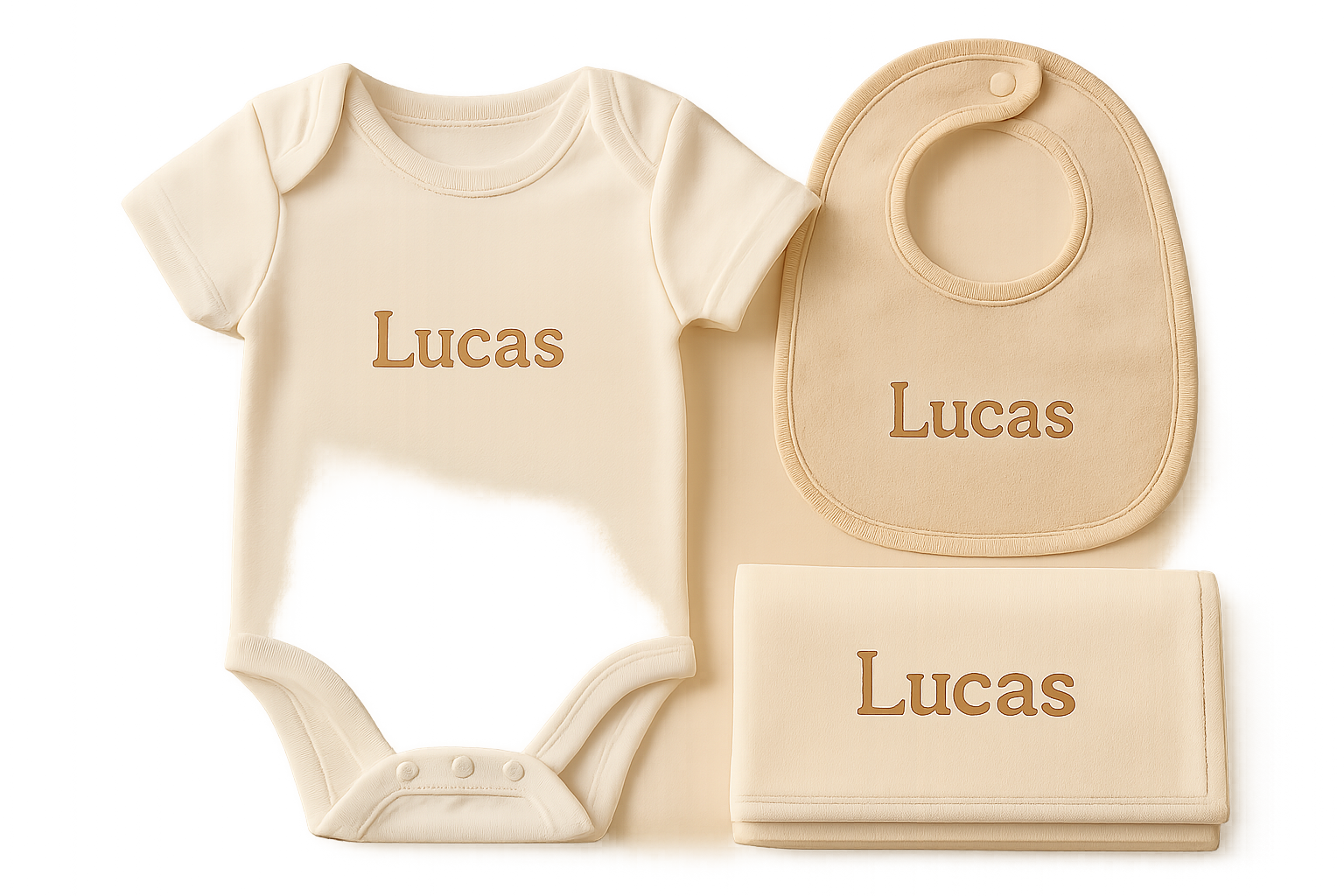 Set de productos personalizados para bebé con bodys y accesorios suaves