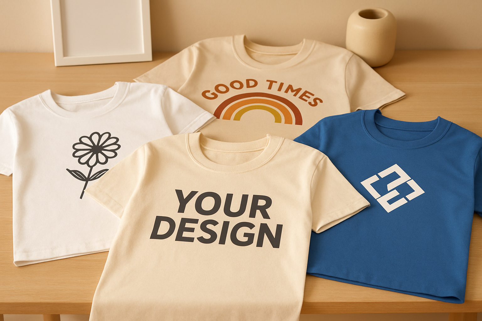 Camisetas personalizadas con estampados DTF y serigrafía en mesa de exhibición
