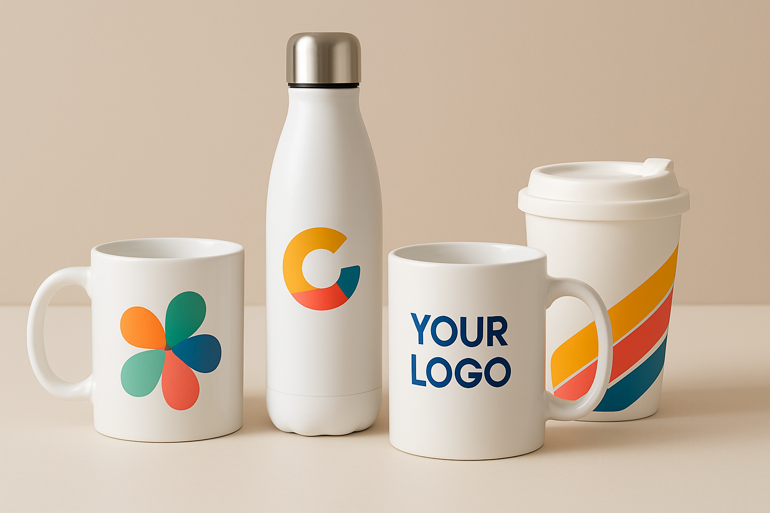 Tazas y termos personalizados con ilustraciones de marca en estudio