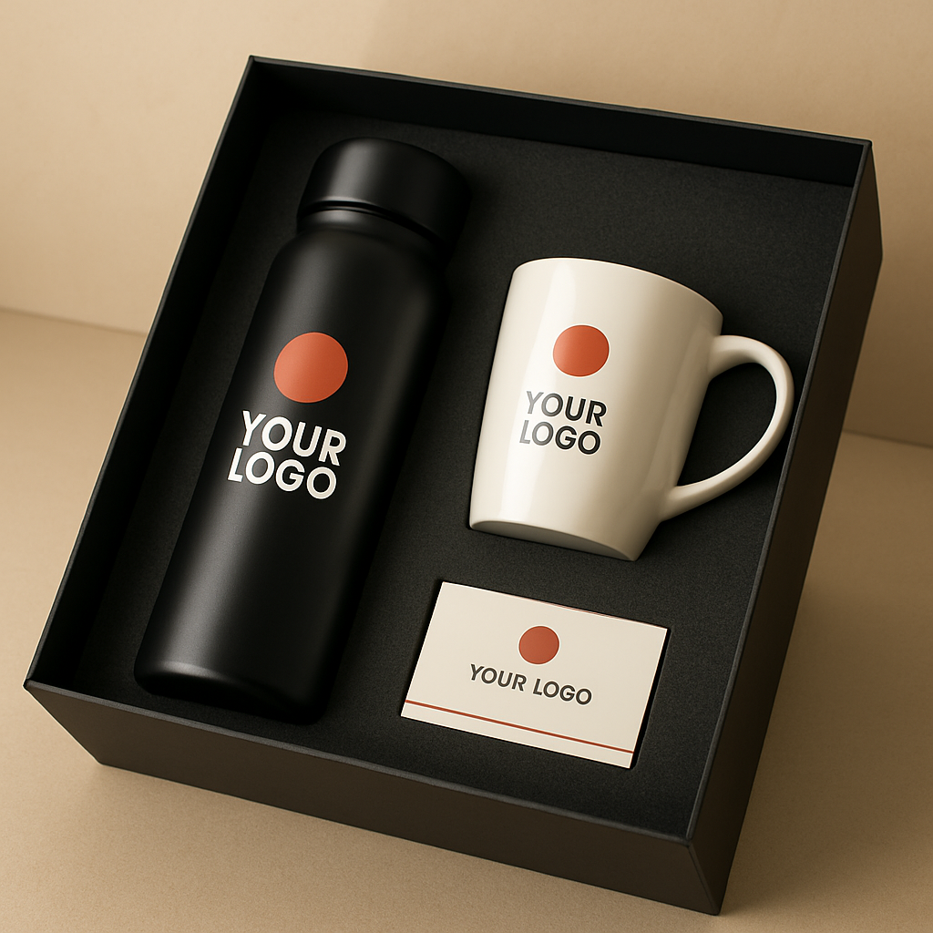 Set de regalos corporativos personalizados con caja premium, termo y tarjeta de marca