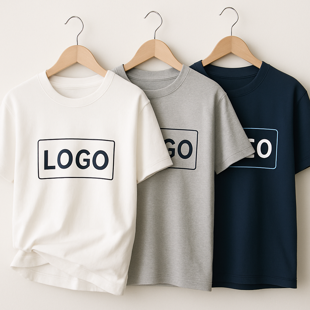 Lote de camisetas corporativas personalizadas con logo frontal y estampado de marca en estilo profesional