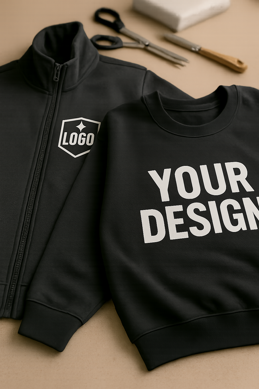 Chaquetas y sudaderas oscuras con gráficos personalizados en técnica DTF, sobre mesa de trabajo textil