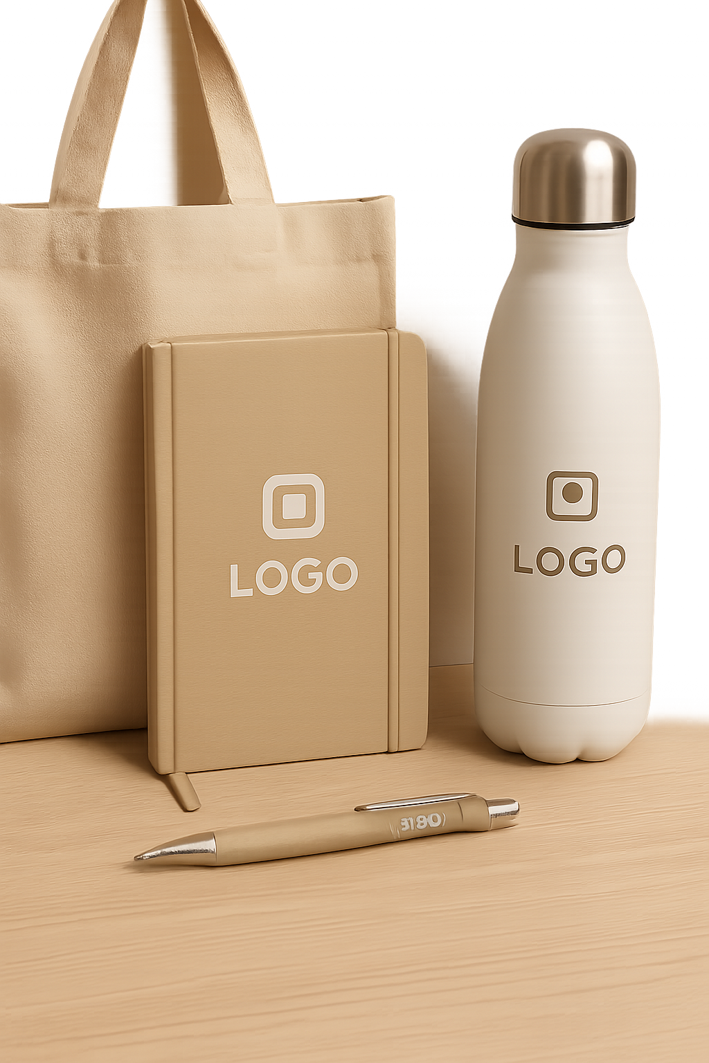 Kit corporativo con libretas, botellas, bolígrafos y bolsas de tela con identidad visual de empresa