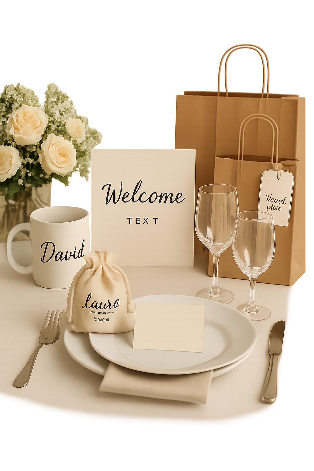 Mesa para evento con souvenirs personalizados, señalética y empaques coordinados en una celebración