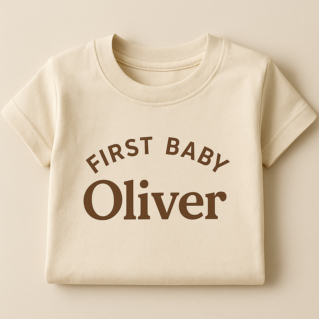 Camiseta personalizada de algodón beige con estampado visible de marca y nombre en tipografía moderna