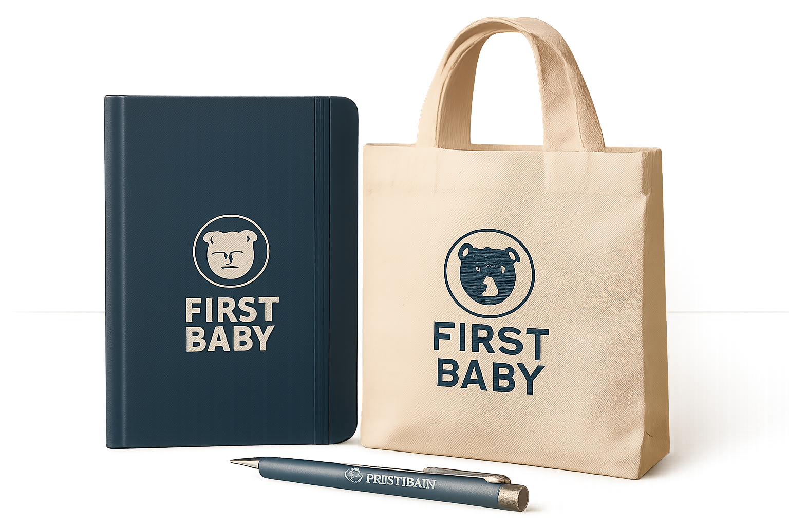 Pack de merchandising personalizado con libreta, bolígrafo y bolsa reutilizable con identidad de marca