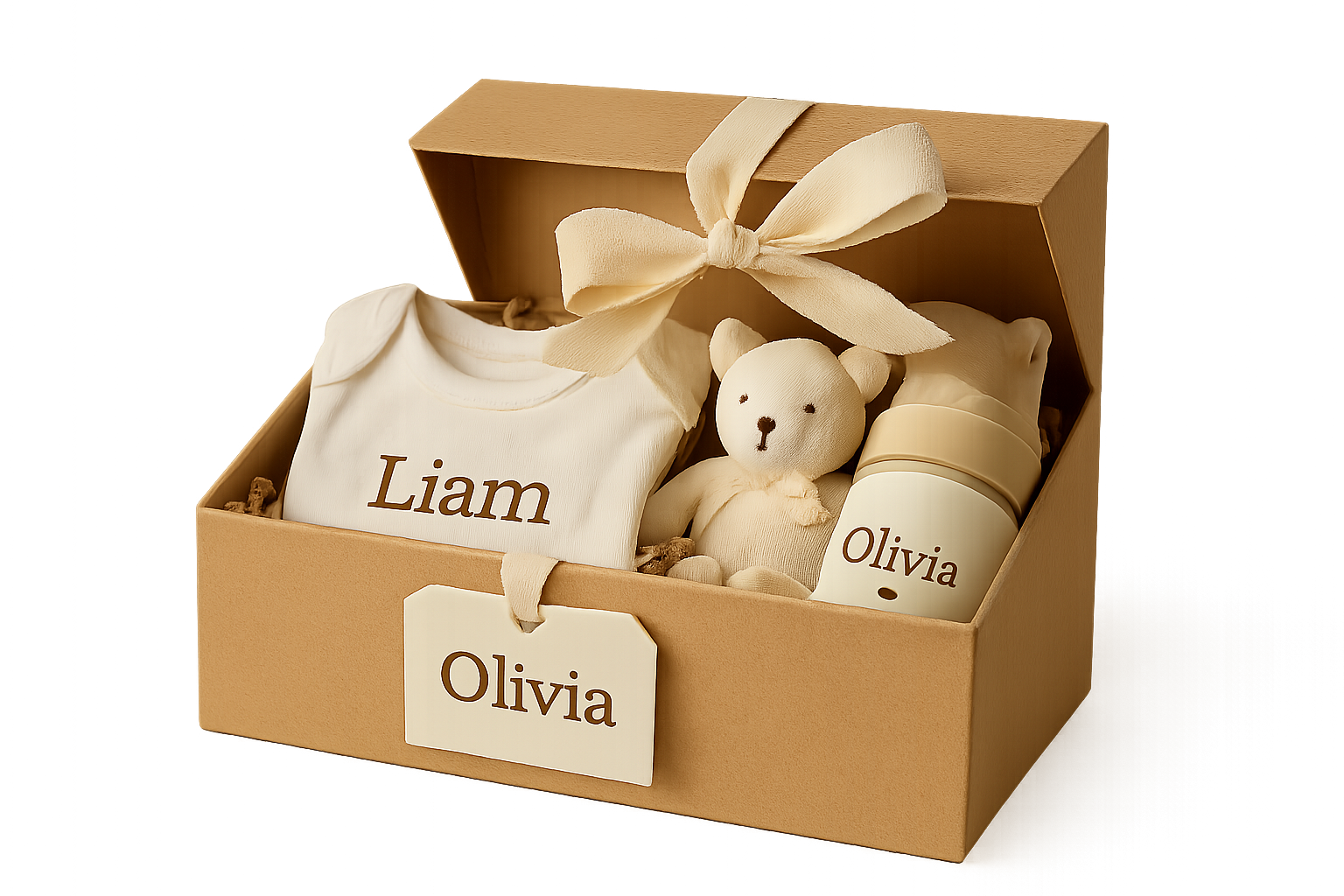 Caja de regalo personalizada con etiqueta de nombre, lazo textil y productos impresos combinados