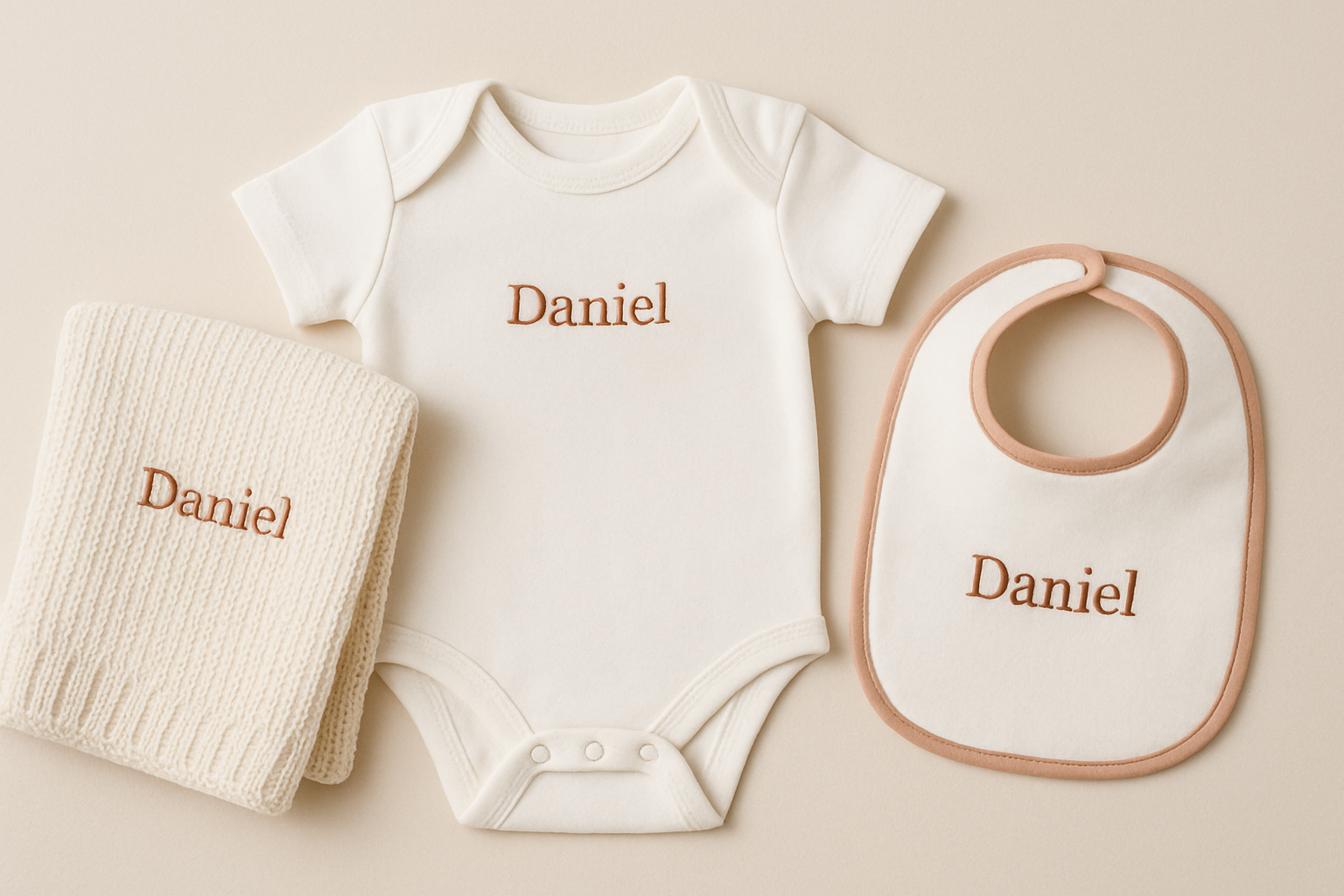 Set para bebé personalizado con body blanco, manta suave y nombre bordado en tonos cálidos