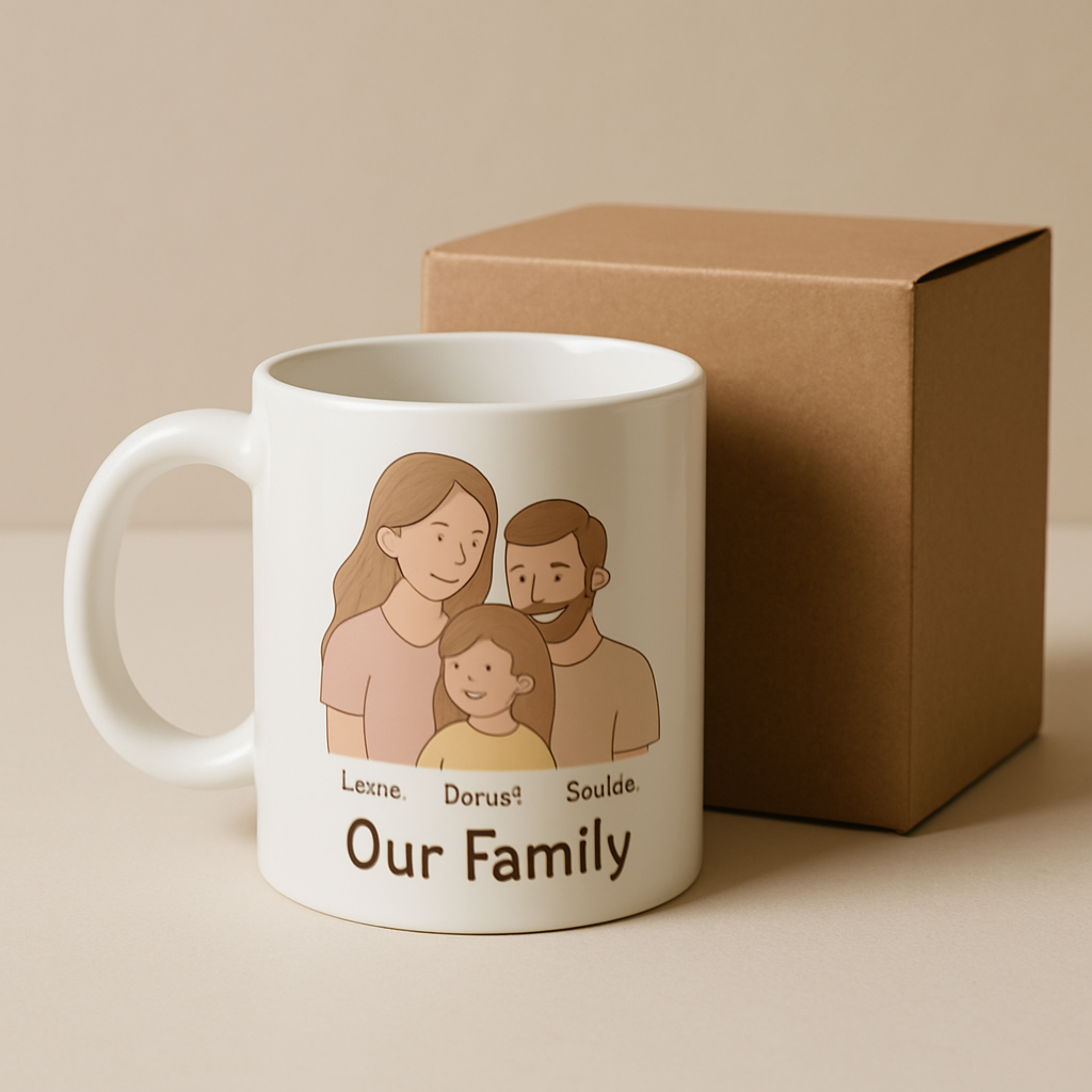 Taza cerámica blanca personalizada con ilustración familiar y texto impreso a color