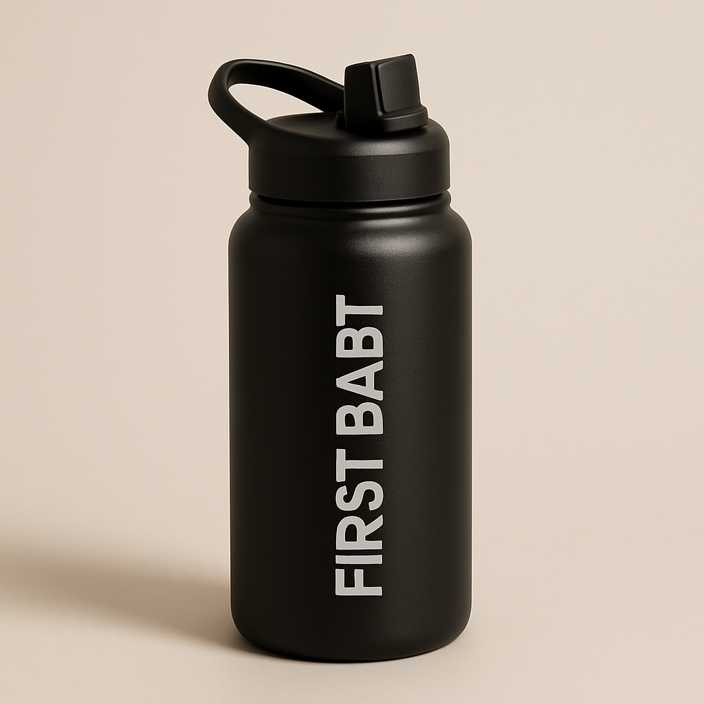 Termo metálico negro mate personalizado con logotipo grabado y tapa deportiva