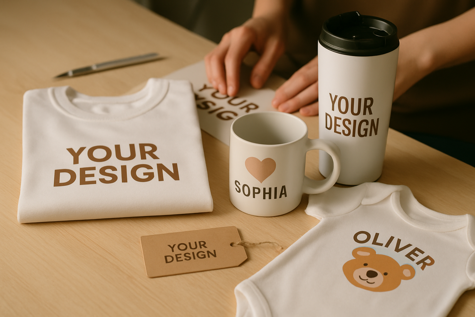 Productos personalizados como camisetas, tazas y artículos para bebé organizados en una mesa de trabajo con herramientas de personalización y acabados cuidados