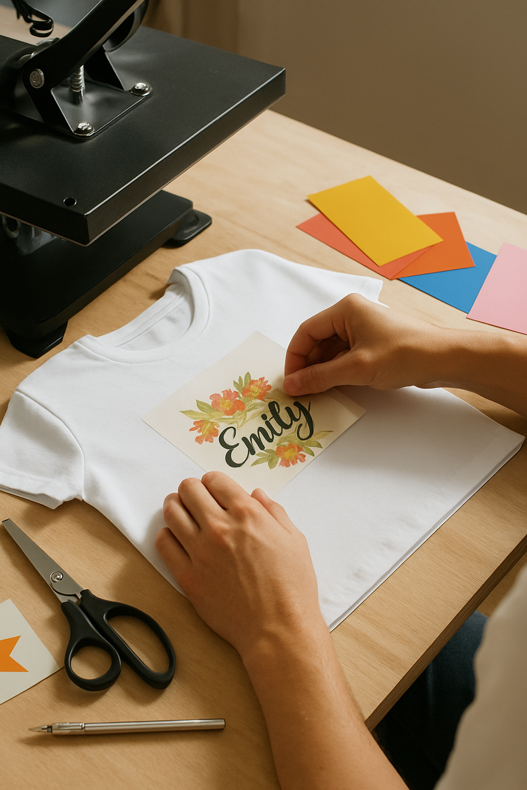 Manos personalizando una camiseta blanca con prensa térmica y materiales de impresión en mesa de trabajo