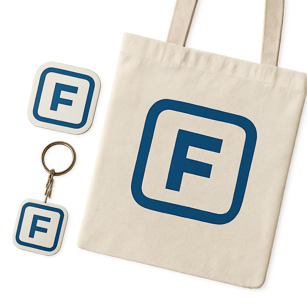 Colección de productos promocionales personalizados como llaveros, stickers y tote bags con identidad visual